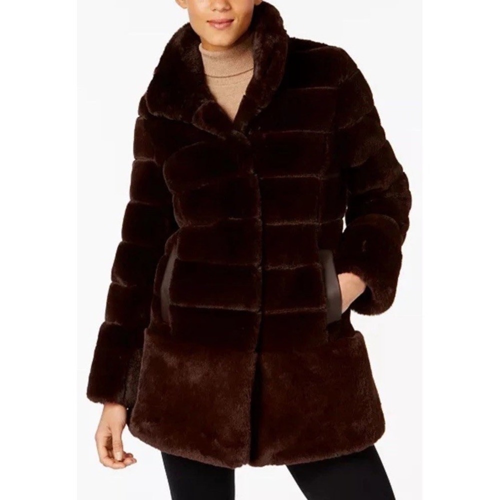 Brown Faux‎ Fur Mid-Length Coat Stand Collar HiddenClasp Closure Women's M NWOT